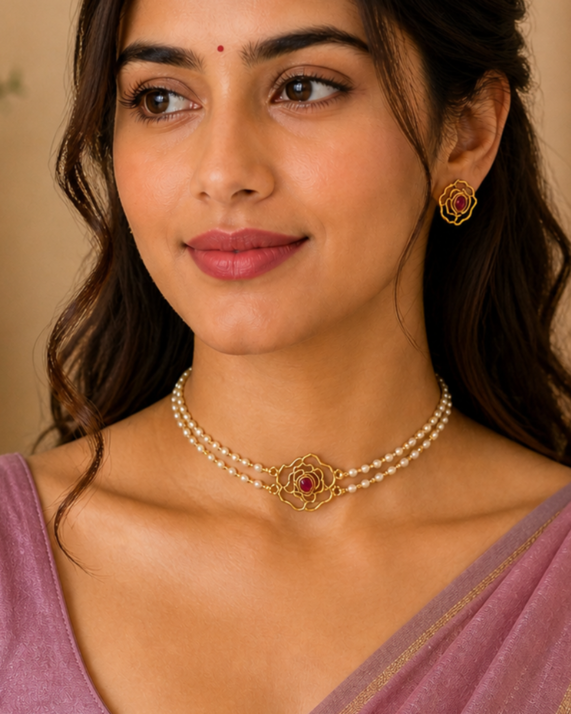 Floral Ruby Pearl Choker Set