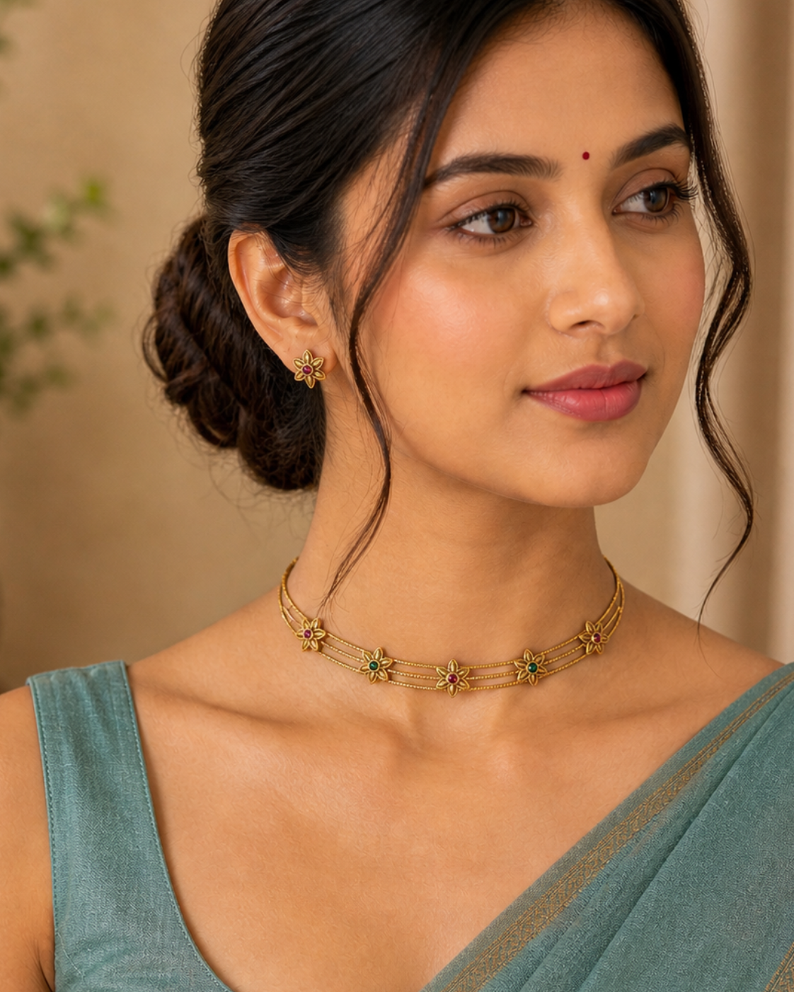 Floral Multi-Stone Chain Choker Set