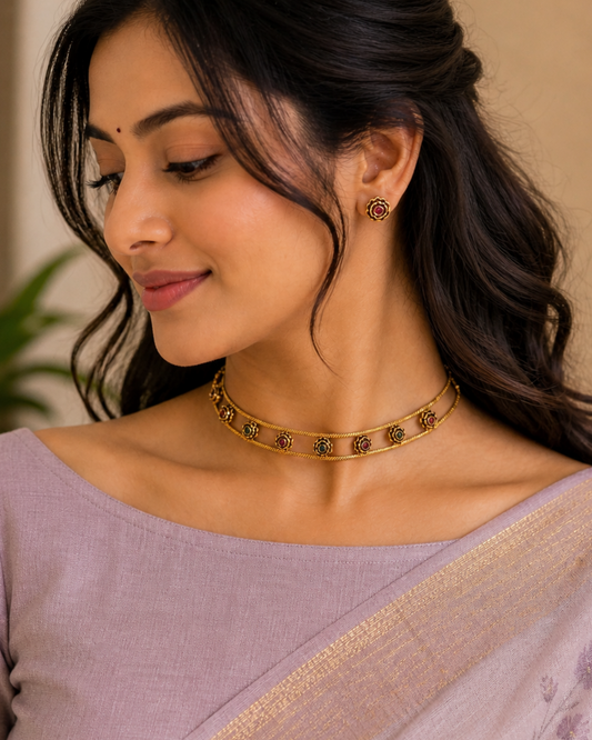 Dual Line Floral Stone Choker Set