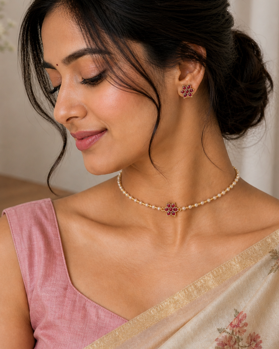 Ruby Floral Pearl Choker Set