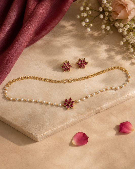 Ruby Floral Pearl Choker Set