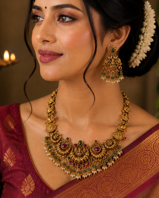 Antique Lakshmi Peacock Fringe Necklace Set