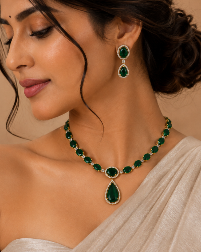 Aarini Emerald Drop Necklace Set