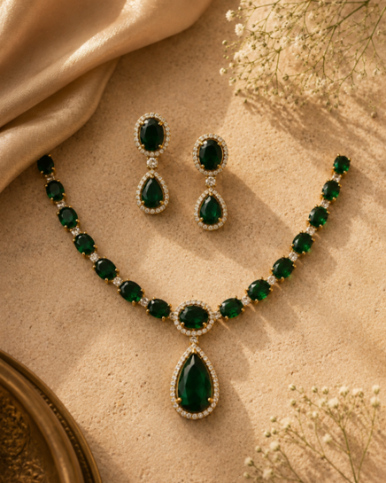 Aarini Emerald Drop Necklace Set